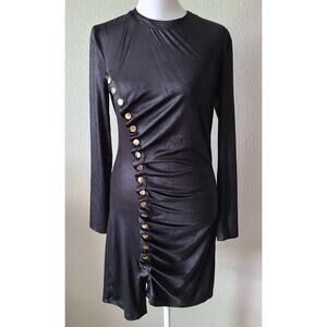 Karina Grimaldi Asymmetrical Black Bodycon Mini Dress Size Medium‎ Gold Buttons